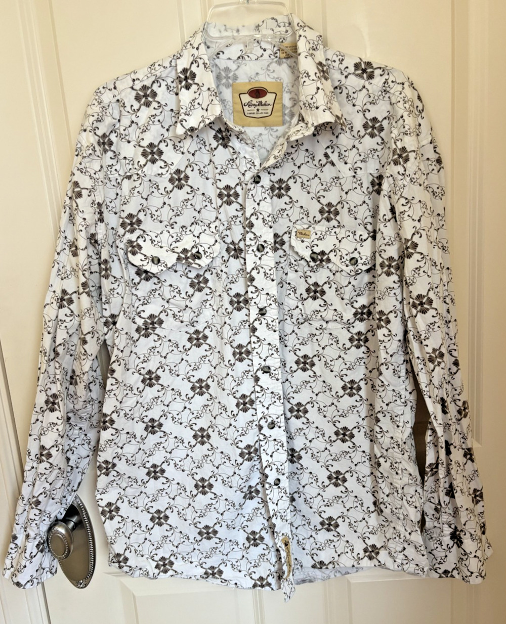 LARRY MAHAN Men's Cowboy Rodeo Western Pearl Snap Print Dress Shirt Sz XL